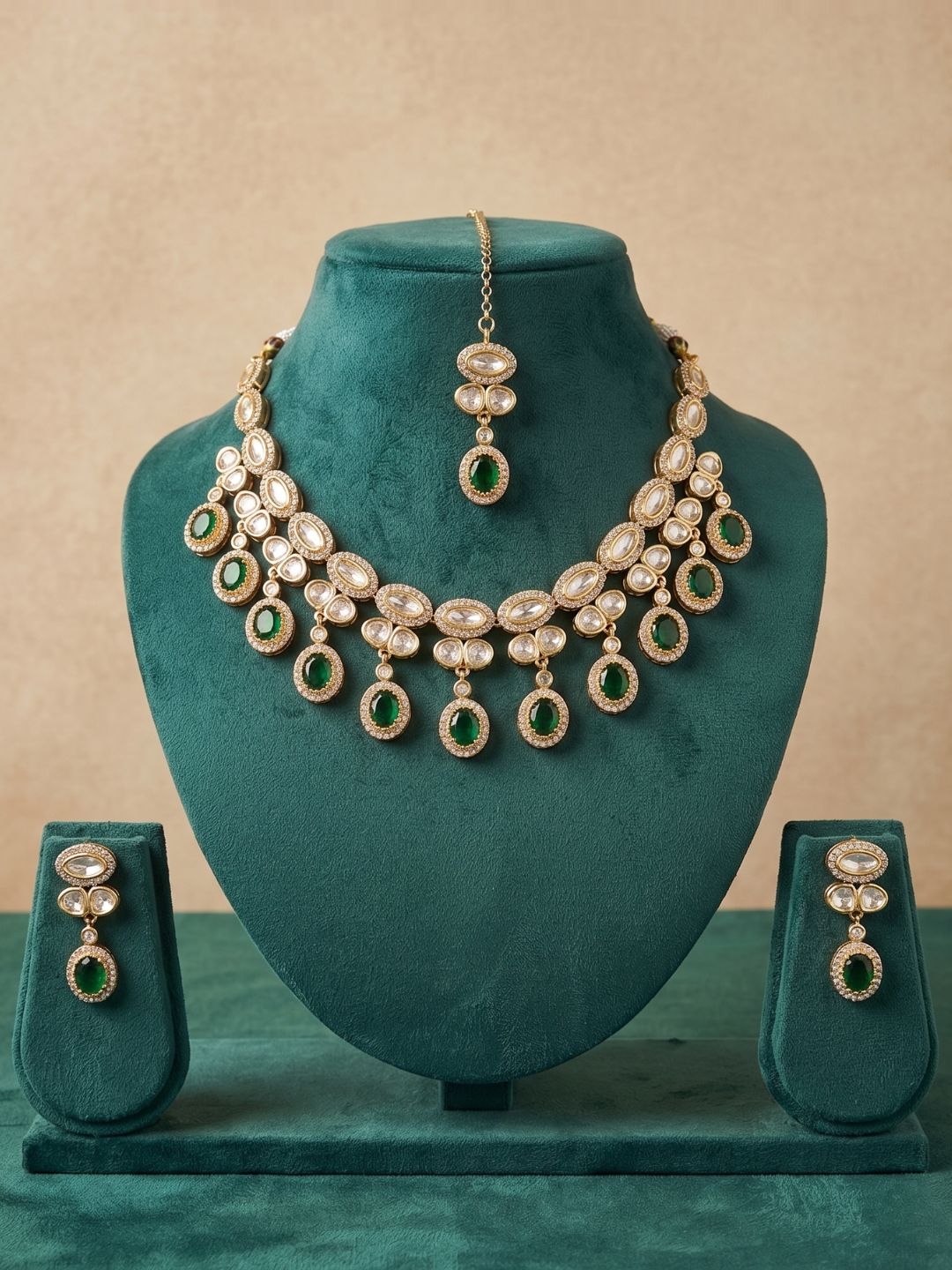 Gold Plated Polki Kundan Necklace Set With Tikka | Wedding & Festive Jewellery Set