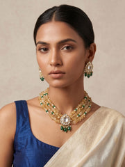 Classy Yellow Citrine Gemstone Beads And Kundan Necklace Set for Women
