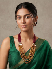 Elegant Layered Red Jade & Uncut Citrine Beaded Necklace Set With Kundan Brooches - Wedding And Party Wear