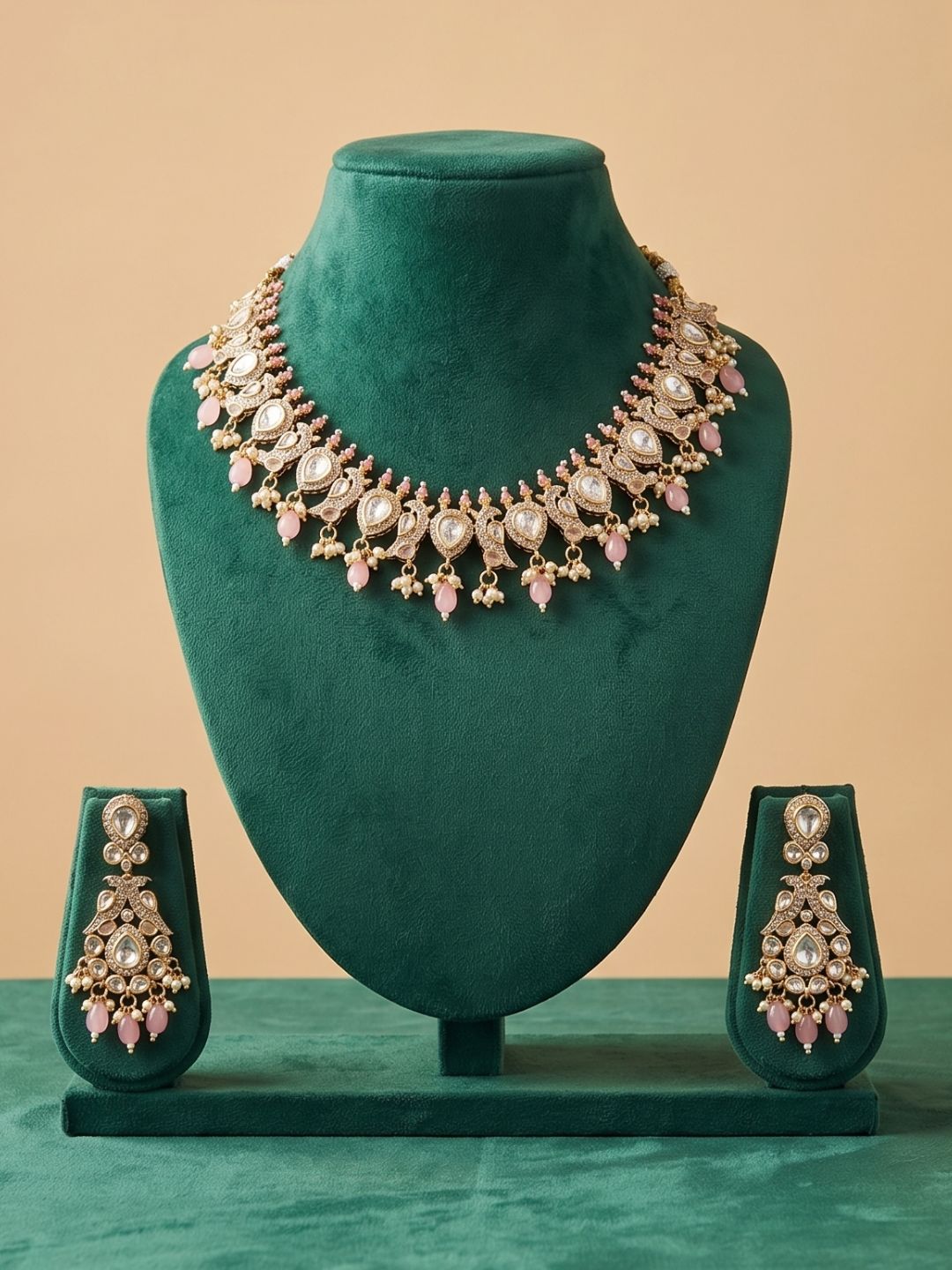 Designer Peacock Design Polki Necklace Set For Weddings And Parties