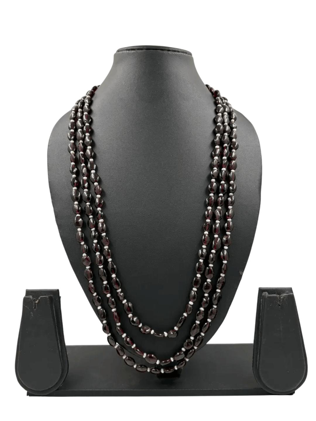 Triple Layered Semi Precious Long Garnet Beads Necklace
