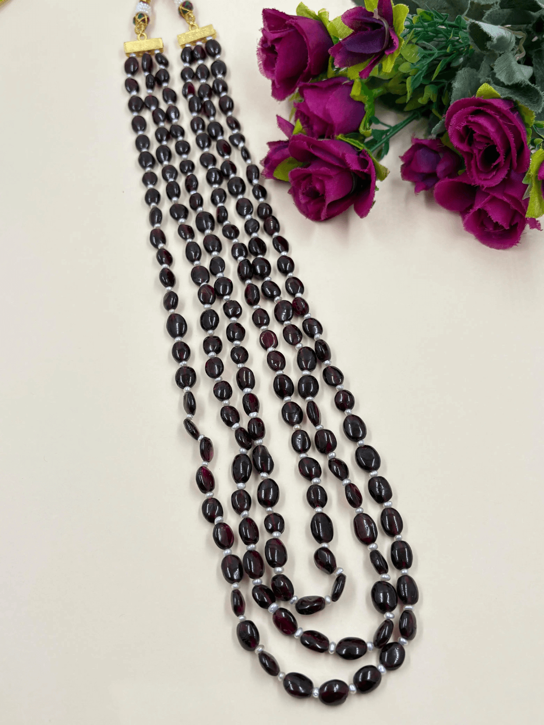 Triple Layered Semi Precious Long Garnet Beads Necklace | Gemstone Beaded Necklaces