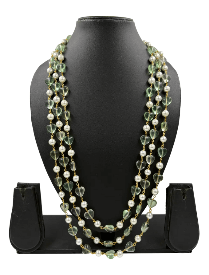 Triple Layered Shell Pearls And Fluorite Unisex Beaded Necklace - Gemstone Beads Necklace Set
