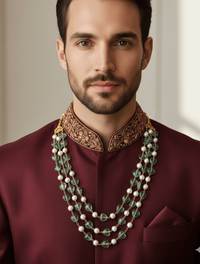 Triple Layered Shell Pearls And Fluorite Unisex Beaded Necklace - Gemstone Beads Necklace for Men