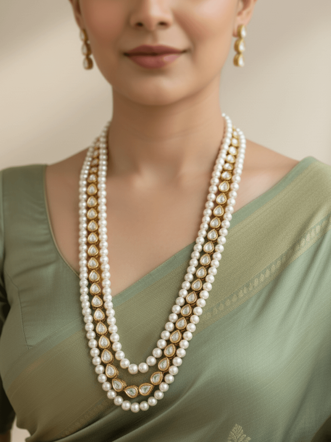 Unisex Freshwater Layered Natural Pearls And Kundan Beaded Necklace Set - Saree 