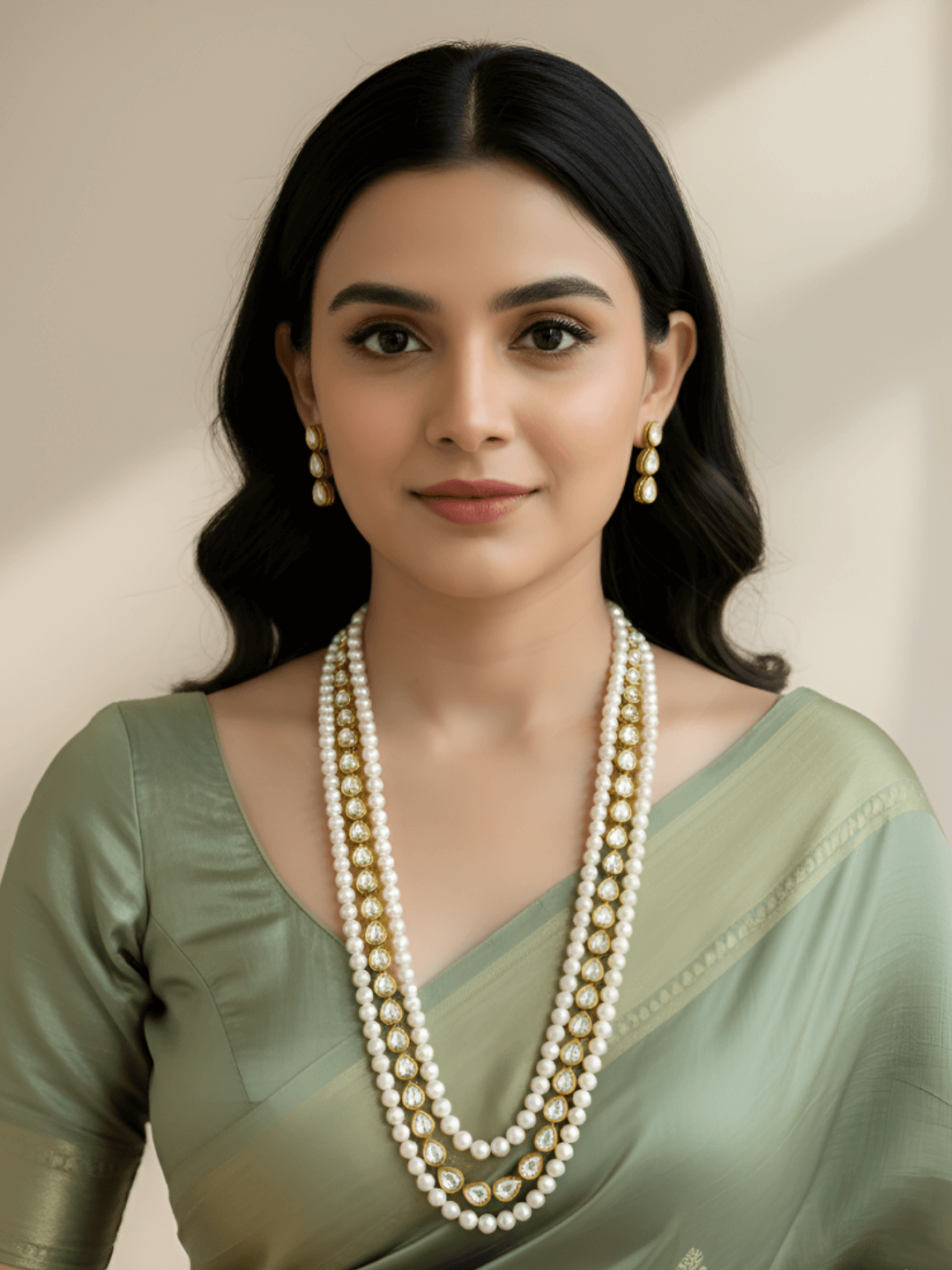 Unisex Freshwater Layered Natural Pearls And Kundan Beaded Necklace Set - Saree And Sherwani Wear