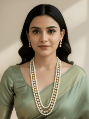 Unisex Freshwater Layered Natural Pearls And Kundan Beaded Necklace Set - Saree And Sherwani Wear