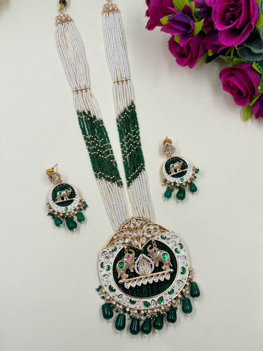 Shivanjali Long Polki Studded Elephant Design Temple Jewellery Necklace Set
