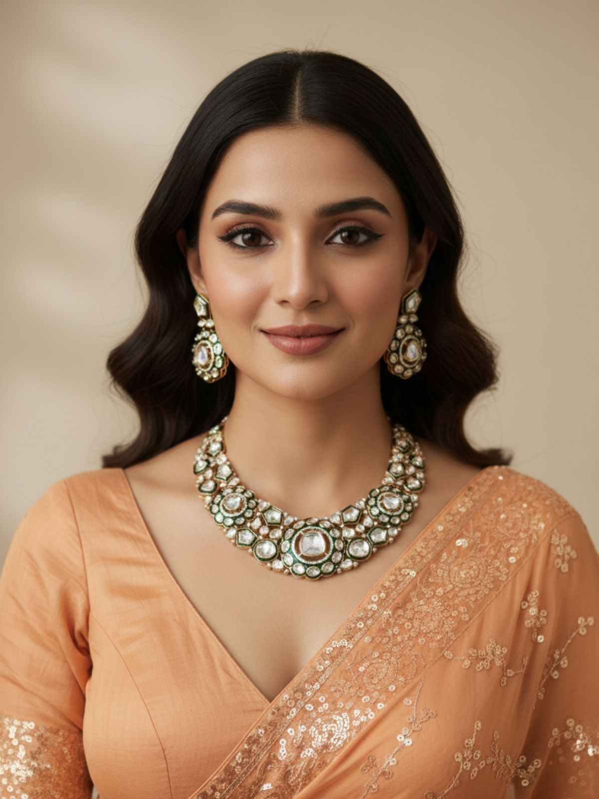 Designer Polki Kundan Necklace Set With Green Enamel - Wedding And Party Wear Necklace Set