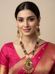 Designer Gold Plated Long Elephant Design Antique Wedding Necklace Set