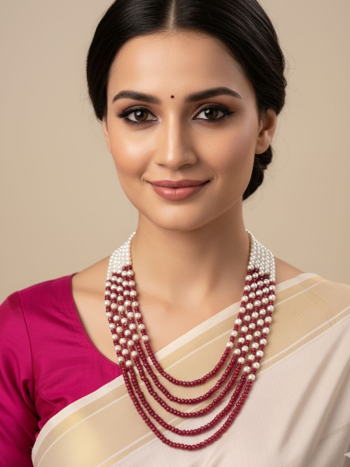 Multi Layered Pearls And Red Beads Necklace For Sarees And Dresses