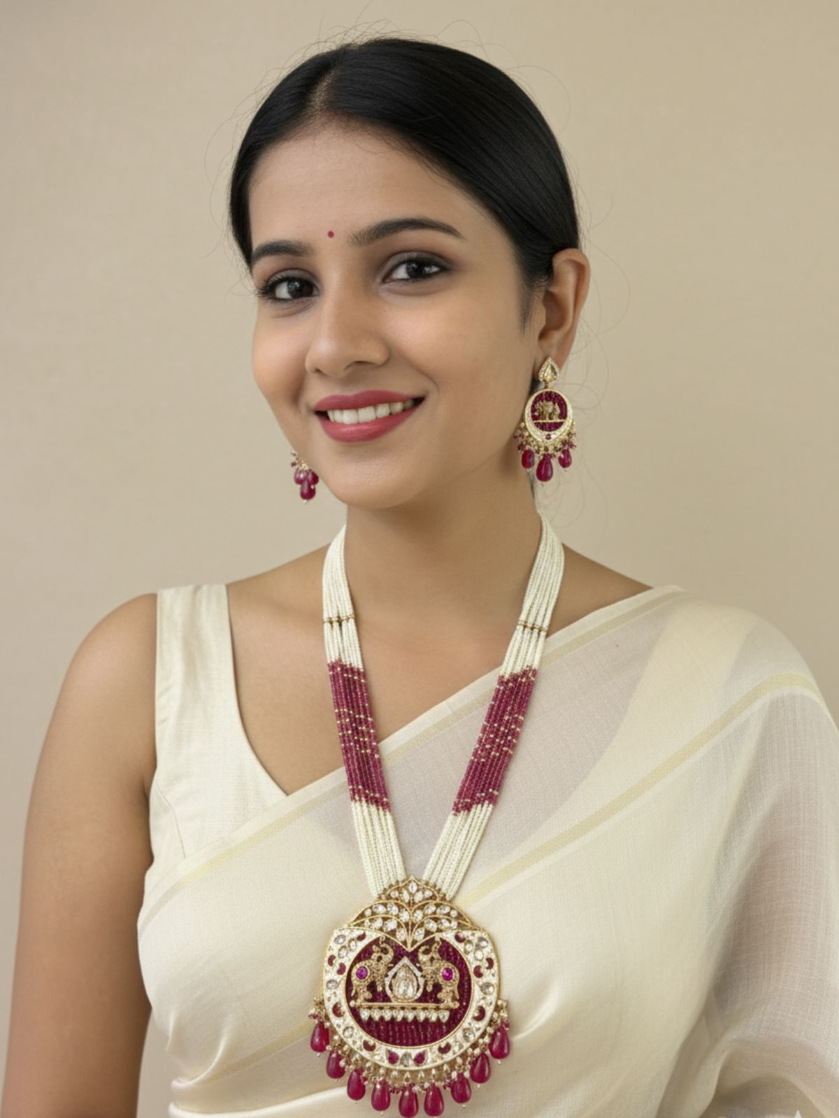 Shivanjali Long Polki Studded Elephant Design Temple Jewellery Necklace Set