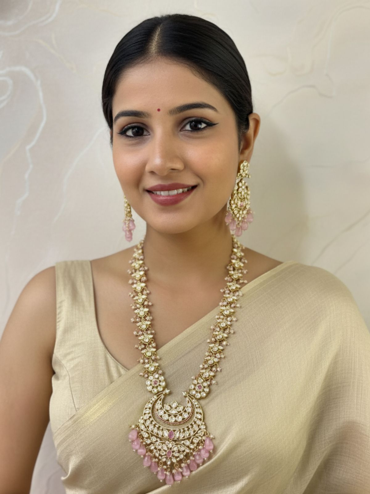 Vanshika Designer Long Pink Polki Necklace Set For Weddings