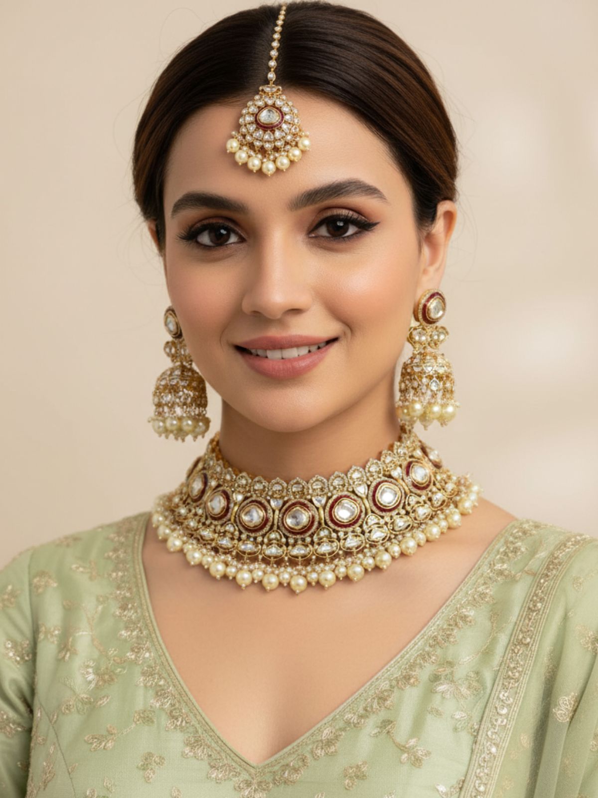 Kanishka Designer Bridal Polki Choker Necklace Set With Tikka | Bridal Choker Jewellery