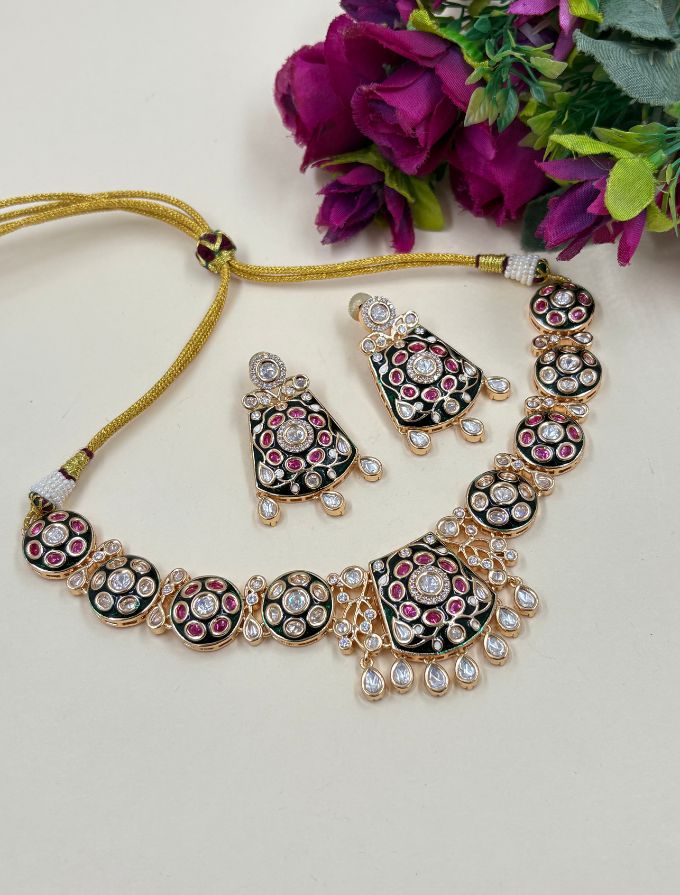 traditional Gold Plated Polki Kundan Necklace Set With Green Enamel - Wedding & Festive Wear
