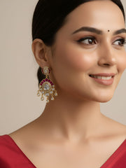 Exquisite Gold Plated red Polki Kundan Chandelier Earrings For Women - Wedding & Festive Earrings