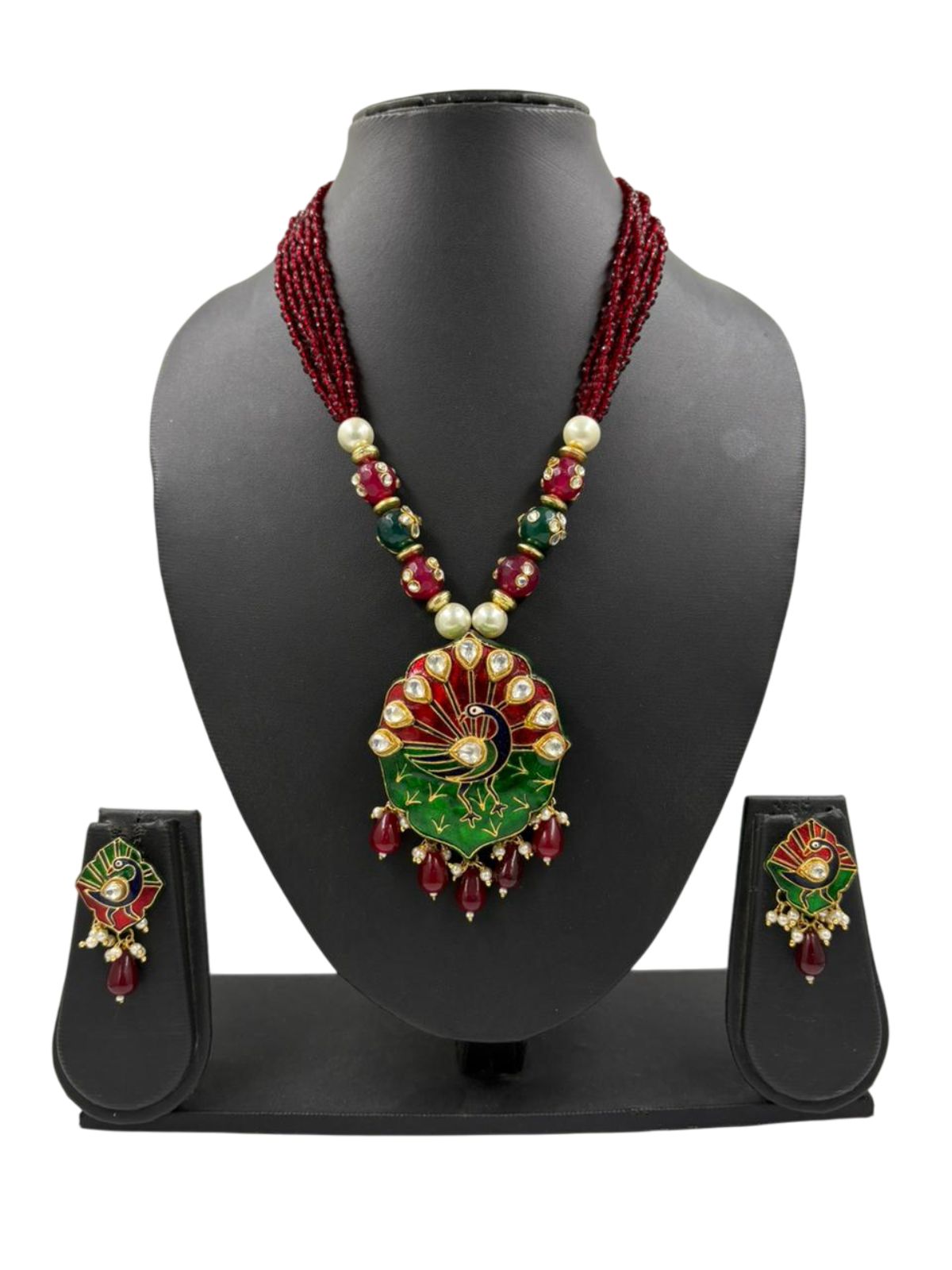 Traditional Peacock Design Necklace Set With Meenakari