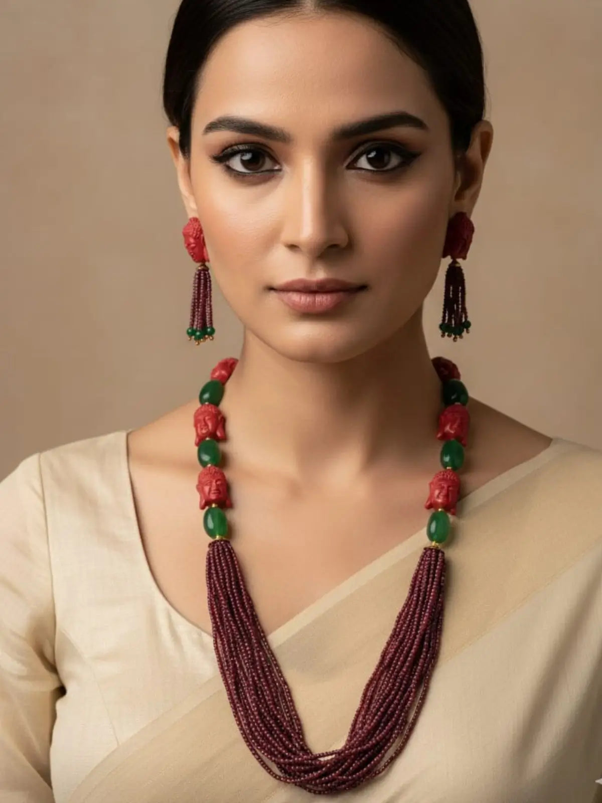 Handcrafted Real Garnet Beaded Necklace Set With Buddha  – Ethnic Gemstone Jewelry