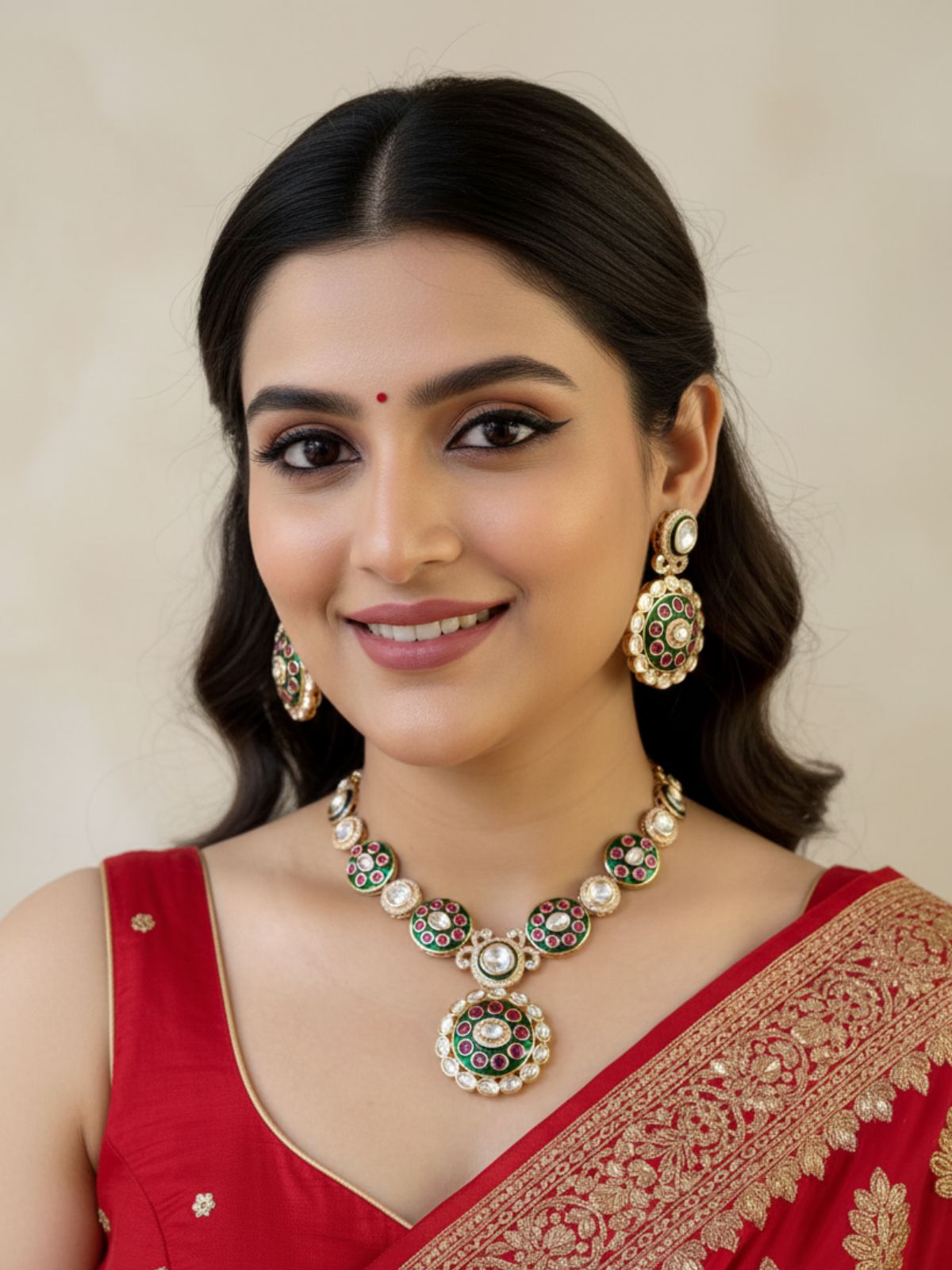 Designer Wedding Wear Kundan Necklace Set With Green Enamel