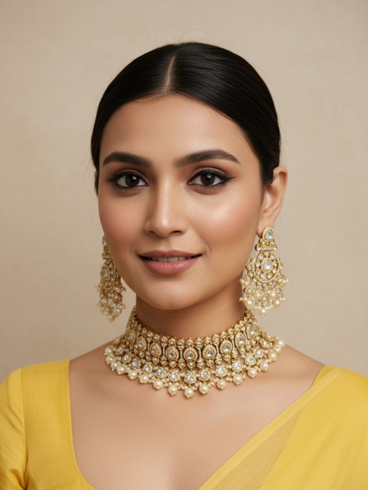 Gold-Plated Kundan and Pearl Choker Necklace Set for Women | Traditional Bridal Jewelry with Statement Earrings