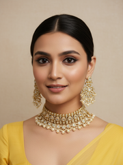 Gold-Plated Kundan and Pearl Choker Necklace Set for Women | Traditional Bridal Jewelry with Statement Earrings