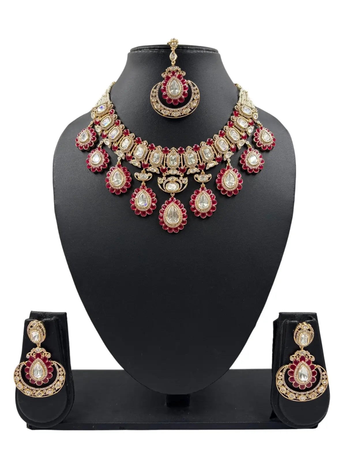 Designer Ruby Red Kundan Bridal Necklace Set With Tikka – Luxury Wedding Jewelry Set