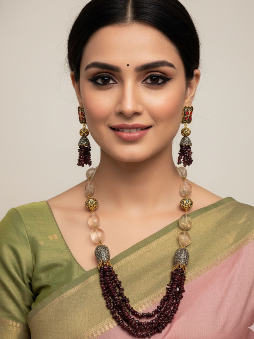 Designer Semi Precious Garnet Beaded Jewellery Necklace Set For Woman