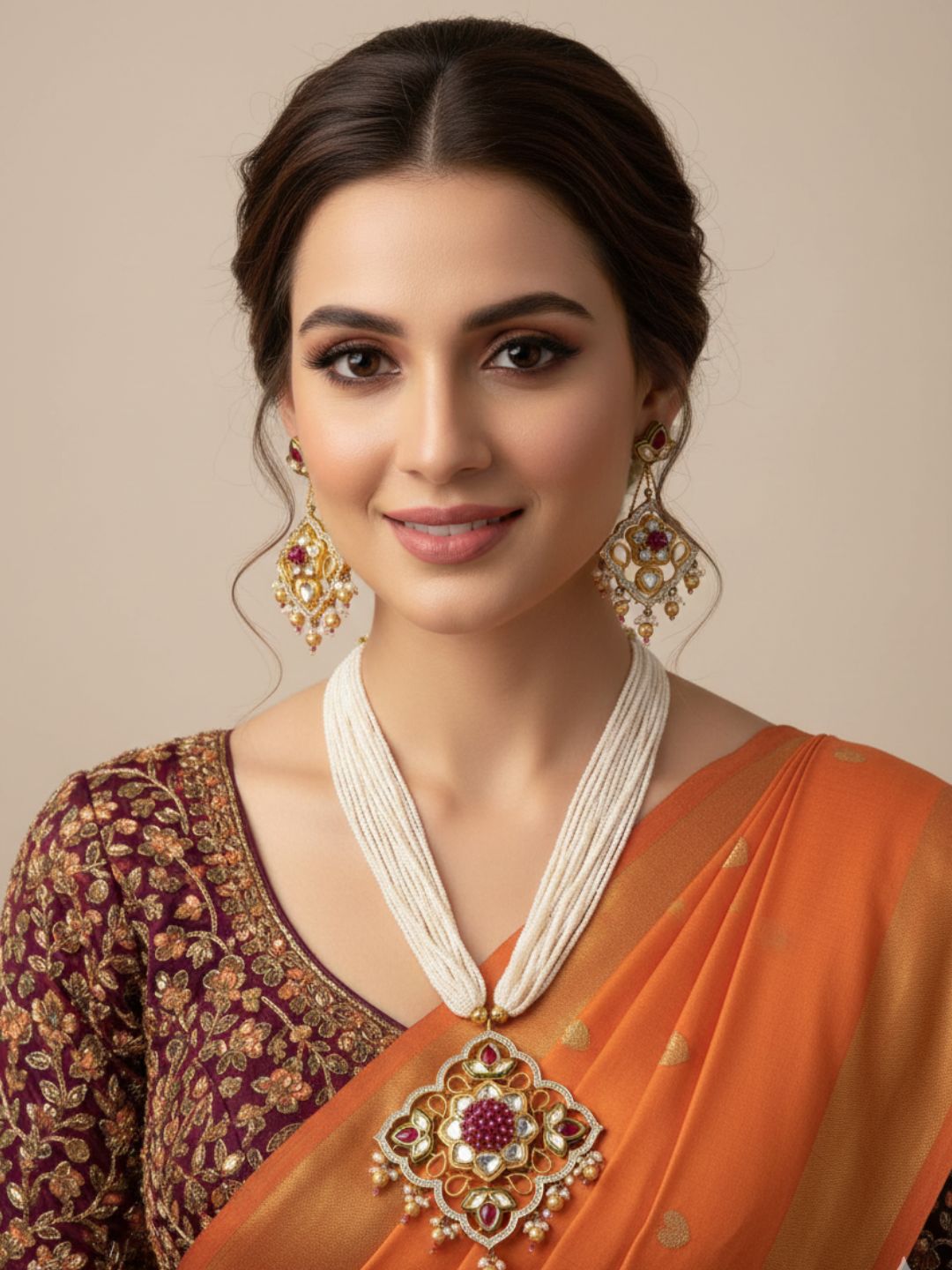 Designer Gold Plated High Quality Wedding Kundan Pendant With Pearls Necklace Set