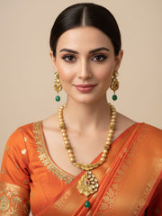 Designer Gold Plated Kundan Pendant With Pearls Necklace Set For Woman
