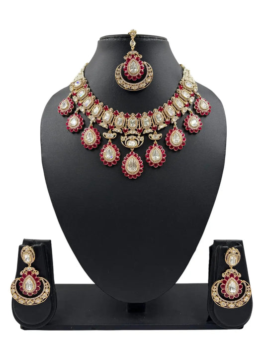 Designer Ruby Red Kundan Bridal Necklace Set With Tikka – Luxury Wedding Jewelry Set