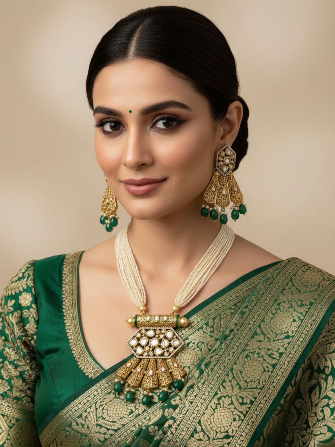 Designer Gold Toned Antique Kundan Pendant Wedding Necklace Set For Woman