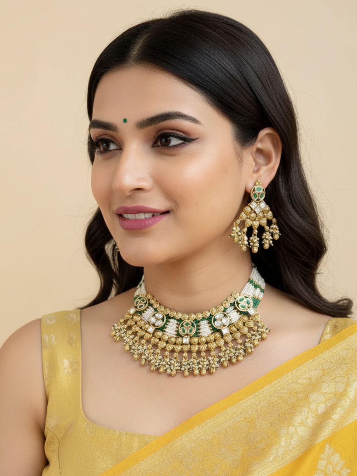 Gold Plated Antique Green Necklace Set For Weddings Heritage