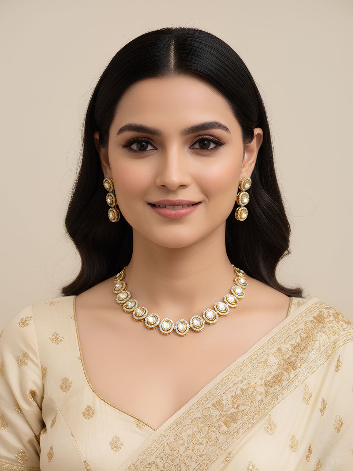 Statement Look Oval Shape AD And Polki Short Necklace Set For Parties