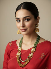 Traditional Short Antique Green Beaded Jewelry Necklace Design with Ghungroo and Ruby Accents by Gehna Shop