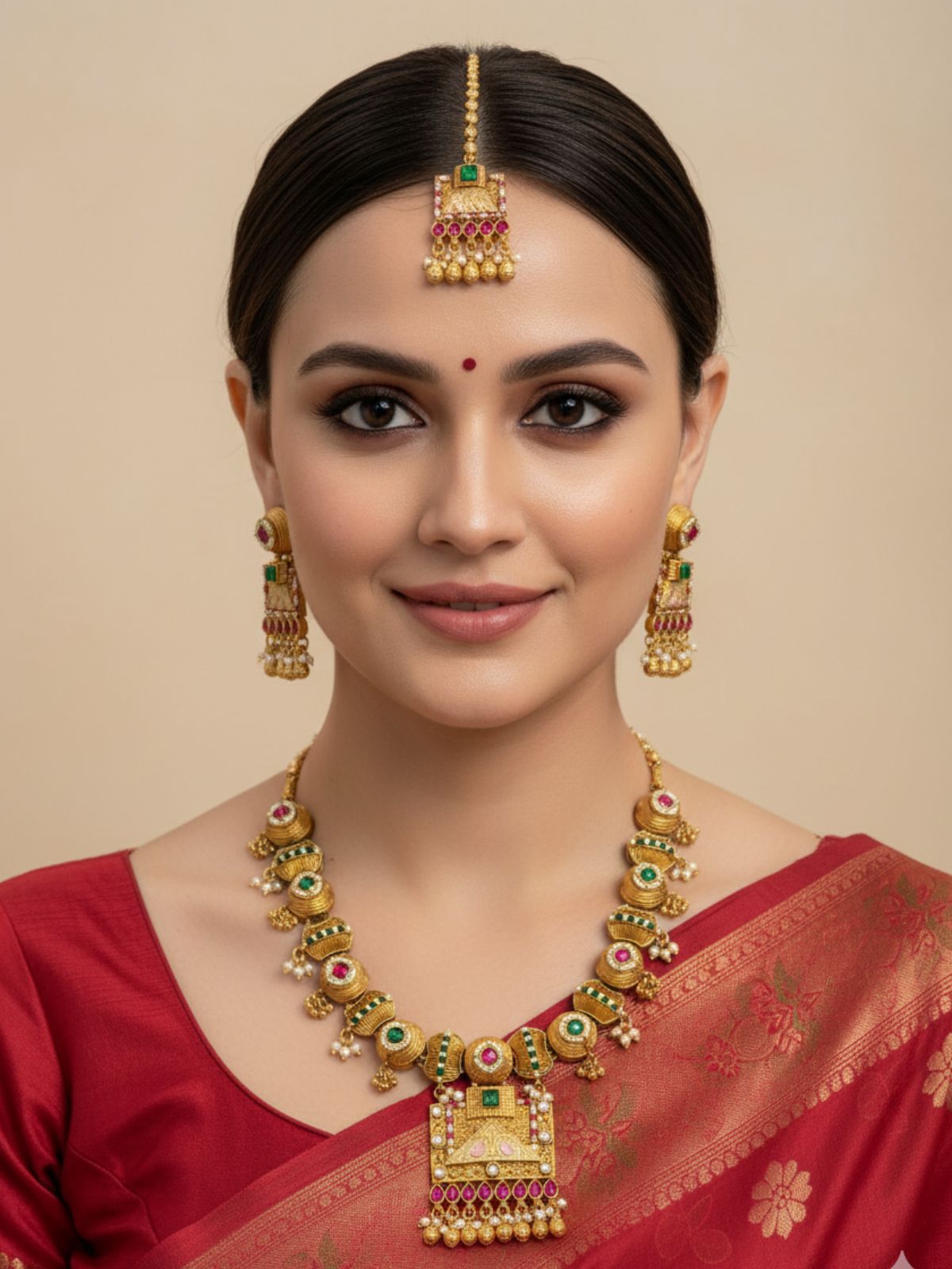 Saabia Gold Plated Wedding Wear Antique Gold Jewellery Necklace Set With Tikka