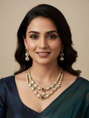 Renee Rose Gold Finish Modern Look Double Strand Kundan Polki Necklace Set