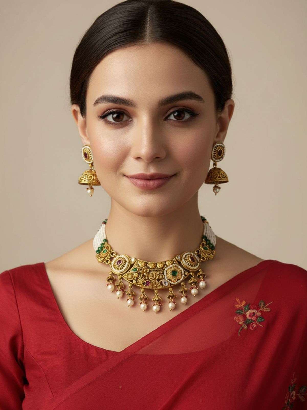 Ethnic Womens Gold Plated Antique Gold Choker Necklace Set
