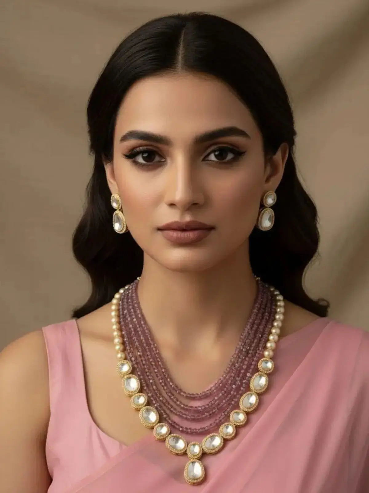 Layered Purple Amethyst Kundan Necklace Set - Partywear Jewellery