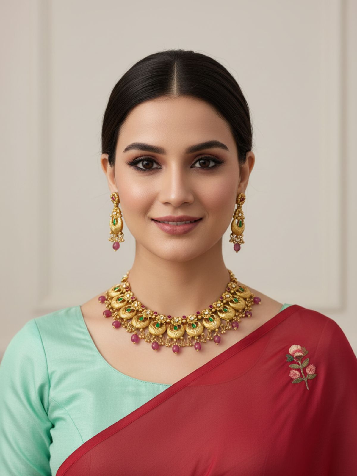 Mohini Beautiful Floral Design Antique Gold Necklace Set