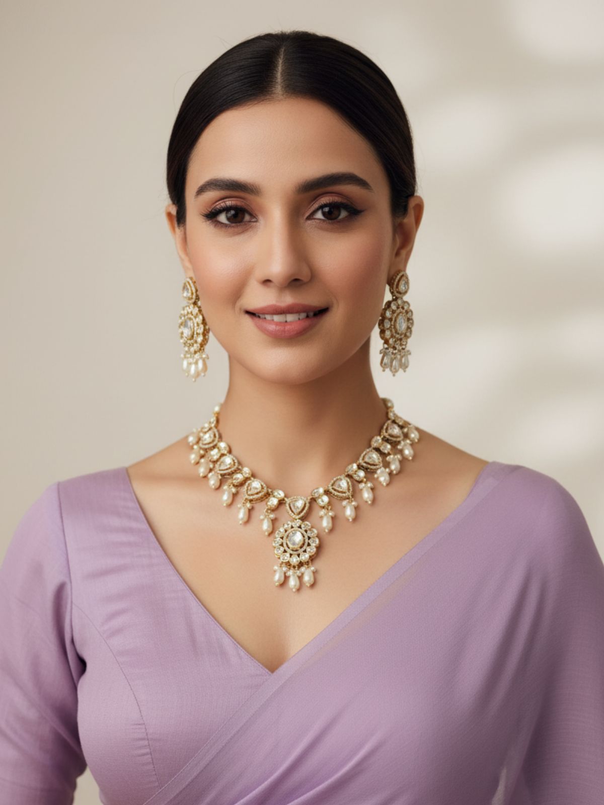 Anisha Rose Gold Finish Polki Kundan Jewellery Necklace Set - Wedding Jewellery 