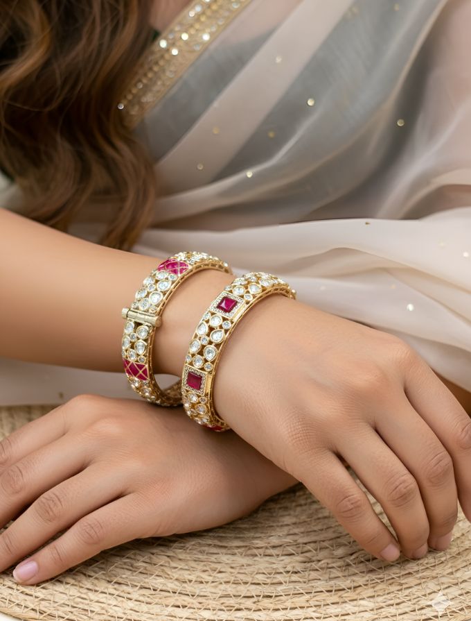 Gold Plated Ruby And Kundan Bangles For Women - Wedding And Party Wear Bangles 