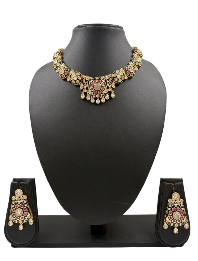 Gold Plated Polki Kundan Necklace Set With Green Enamel - Wedding & Festive Wear jewellery set at affordable rates 