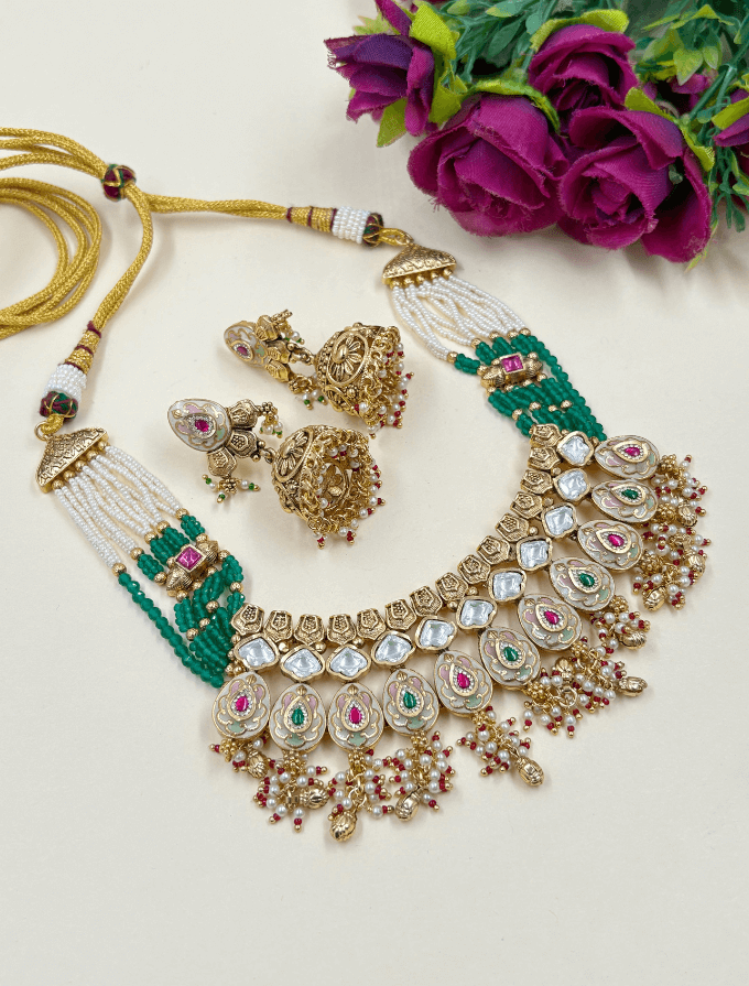 Gold Plated Beaded Heritage Jewellery Set For Women - Wedding & Fesitive Jewellery Set