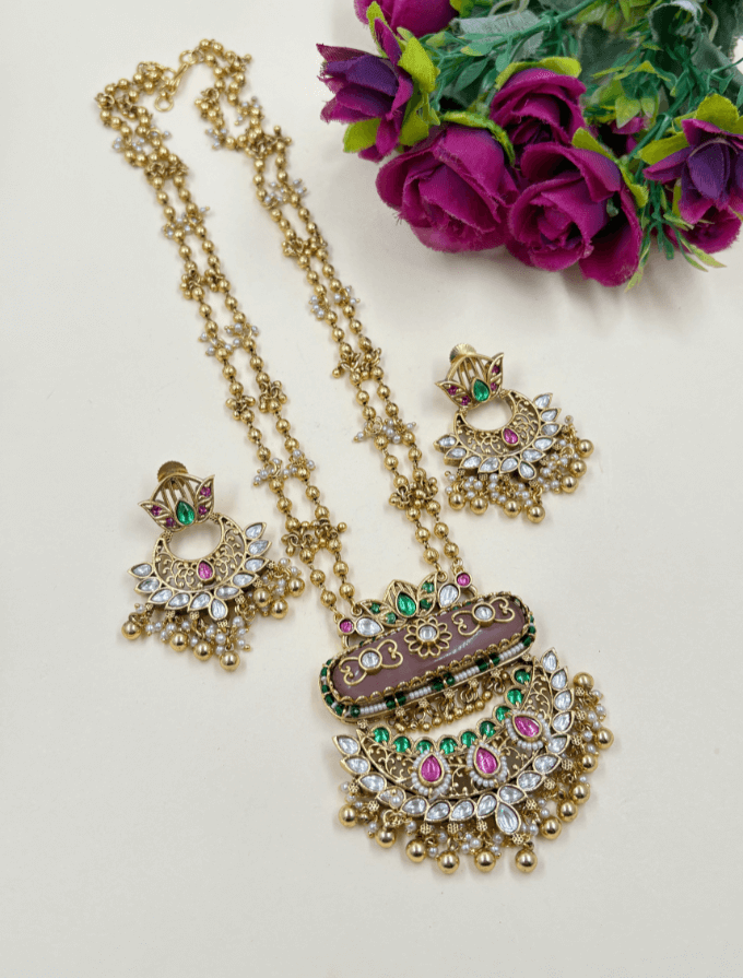 Gold Plated Antique Golden Heritage Design Necklace Set - Wedding Jewellery