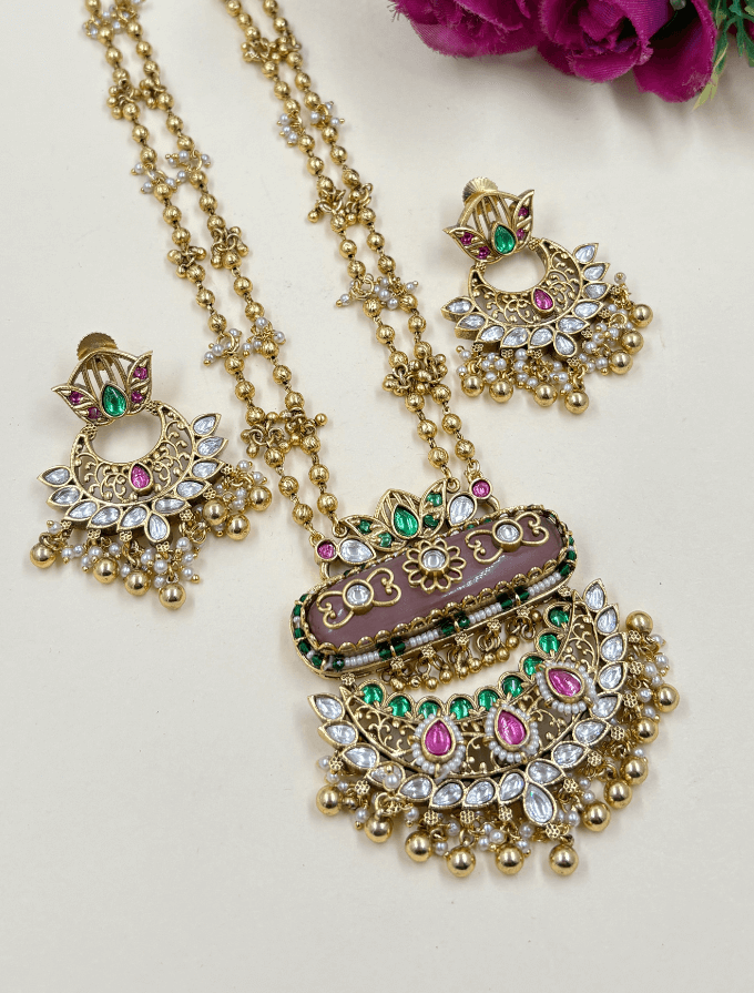 Gold Plated Antique Golden Heritage Design Necklace Set - Wedding Jewellery
