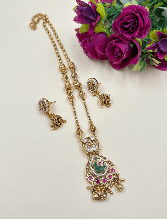 Elegant Gold Plated Chain Pendant Necklace Set For Women - Traditional Jewellery Set