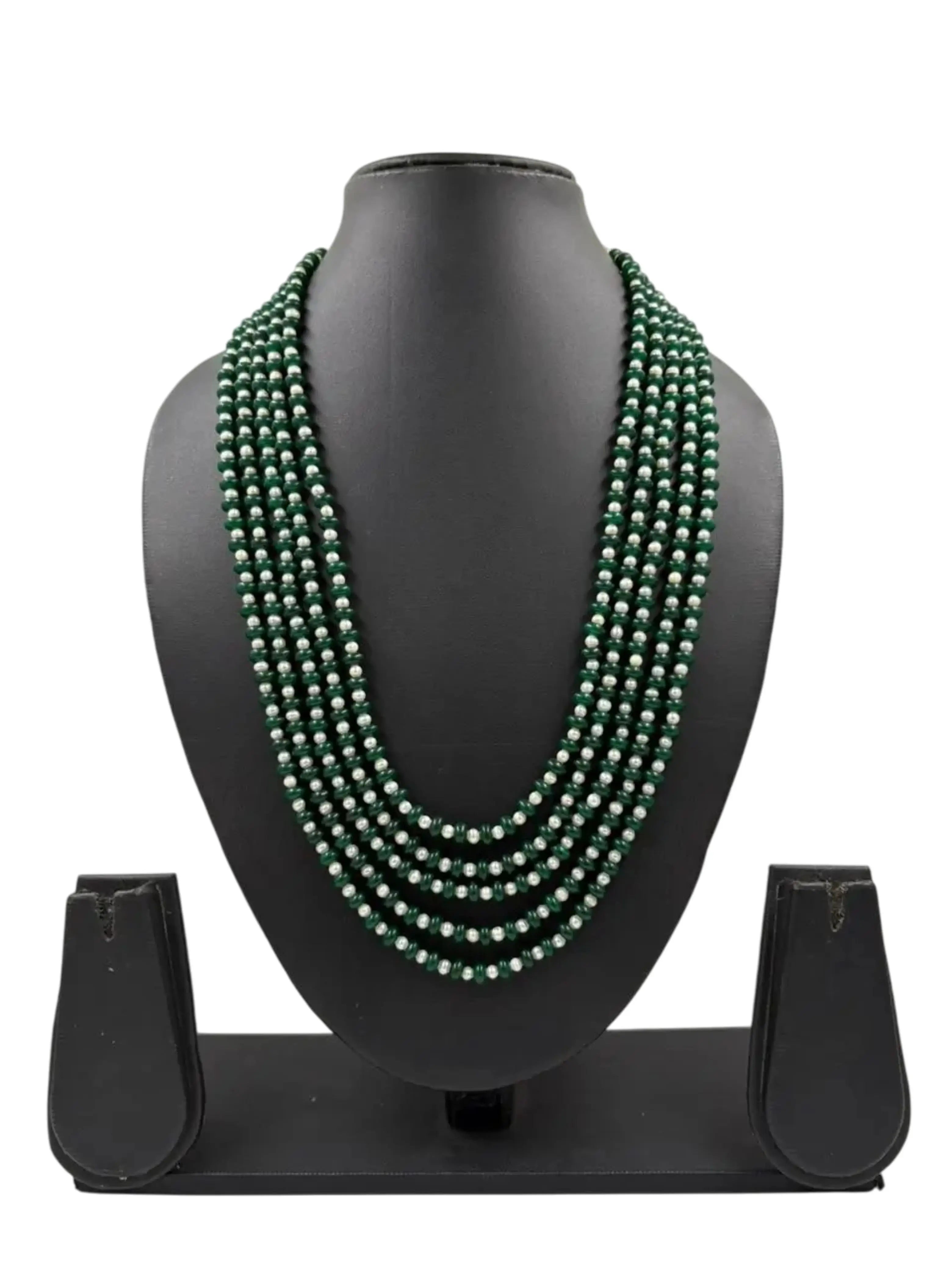 Handcrafted Green Jade and Freshwater Pearls Multi-Layered Beaded Necklace
