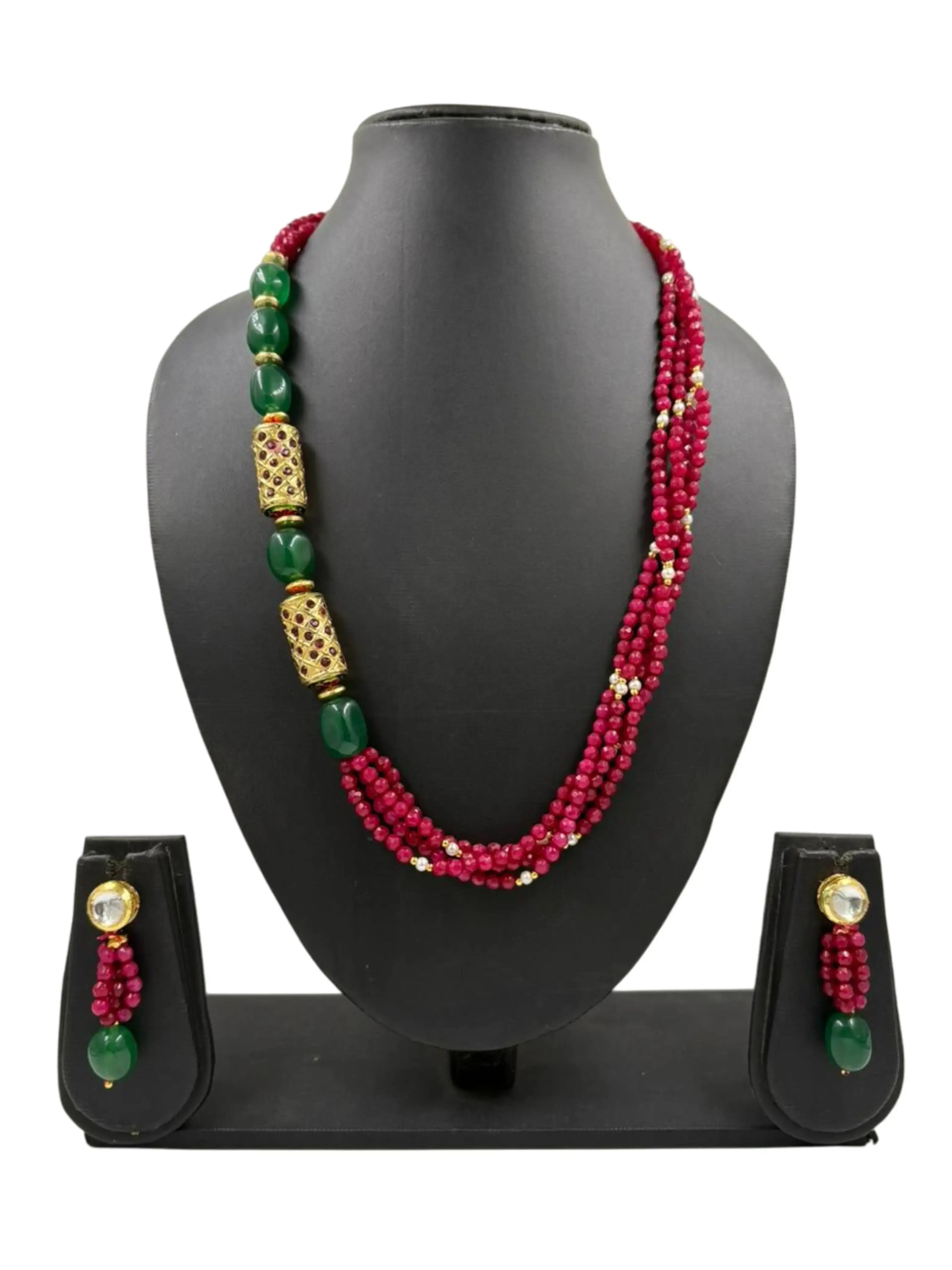 Side-Pattern Pink Jade Beaded Necklace Set - Elegant Festive Beaded Jewellery