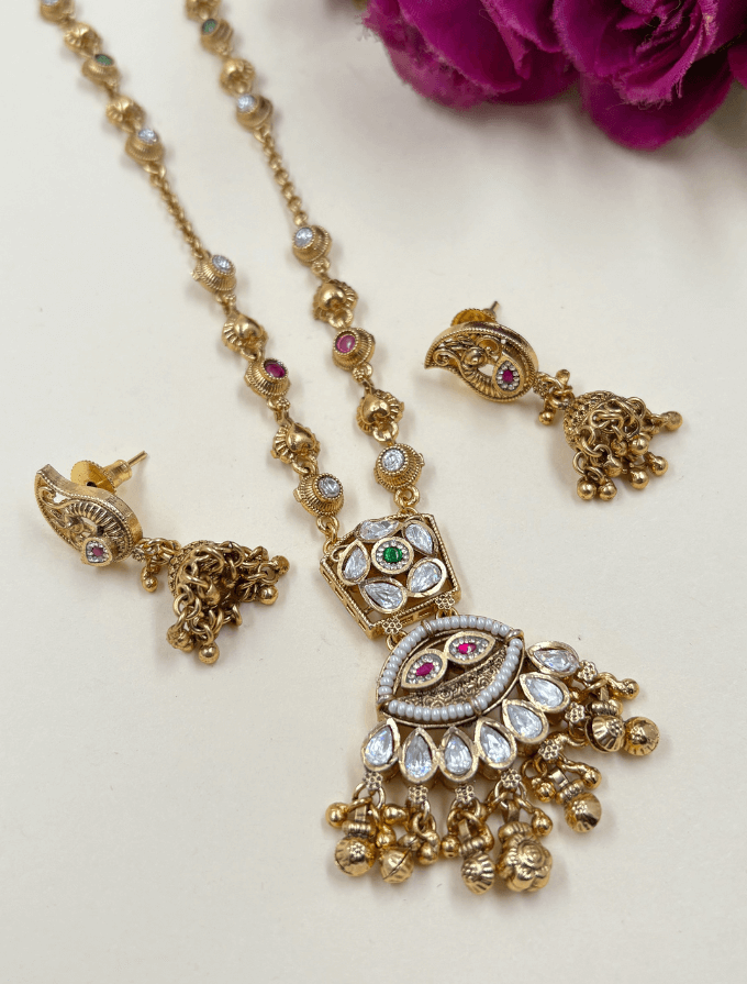Elegant Gold Plated Antique Pendant Set With Chain - Traditioanal And Ethnic Wear Jewellery Set