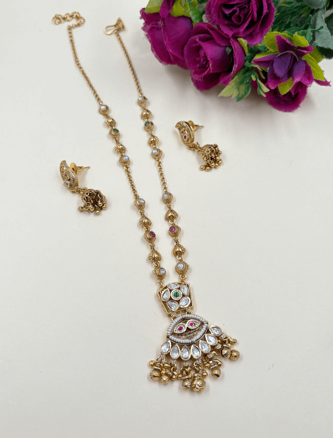 Elegant Gold Plated Antique Pendant Set With Chain - Traditioanal And Ethnic Wear Jewellery Set